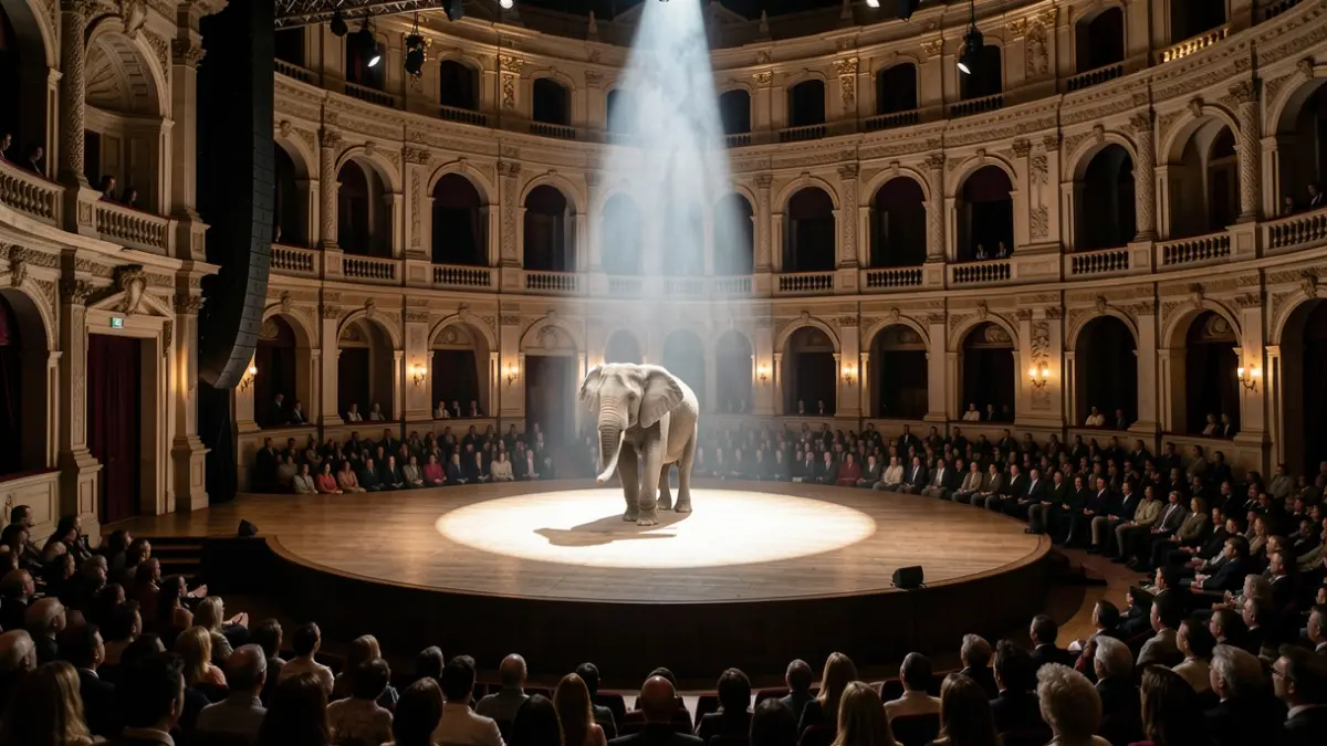 Theater stage scene with a spotlight and classical Córdoba architecture in the background.