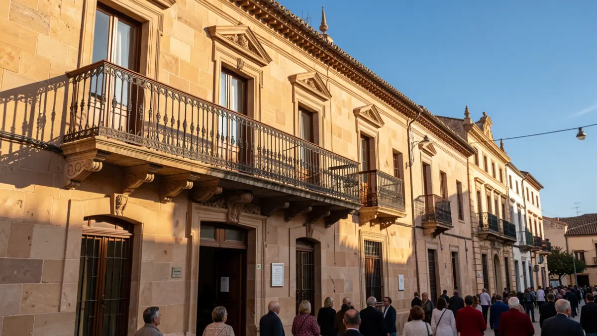 Fachada de un ayuntamiento andaluz con balcón y barandillas de hierro, luz de sol de la tarde.