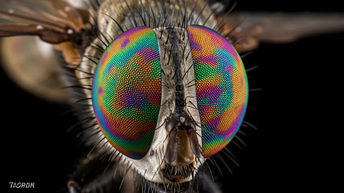 Primer plano del ojo compuesto de una mosca, mostrando sus facetas.