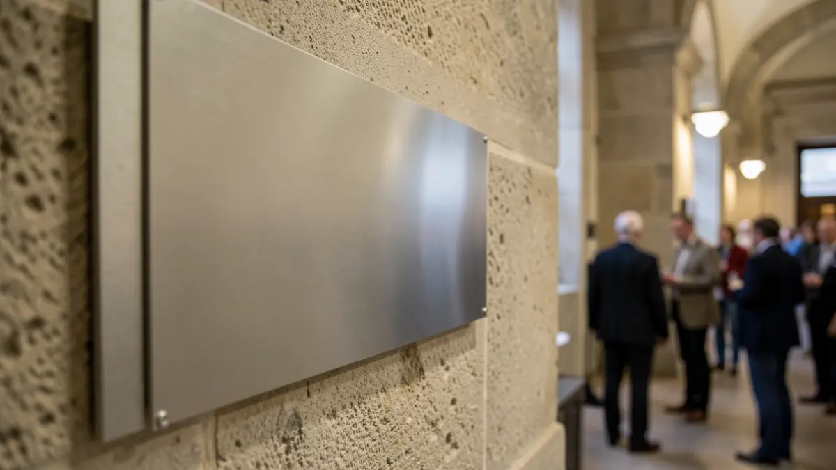 Imagen de una señal informativa moderna instalada en una pared de piedra de un edificio público.