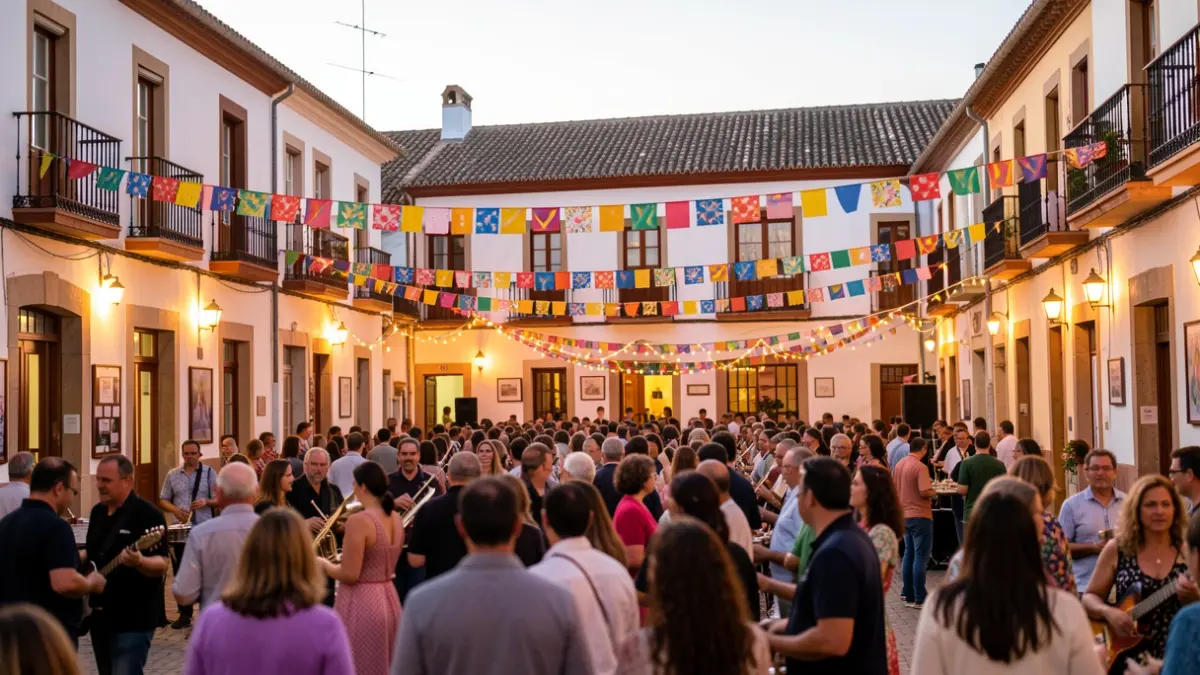 Generic image of an Andalusian town square during a popular festival with a festive atmosphere.