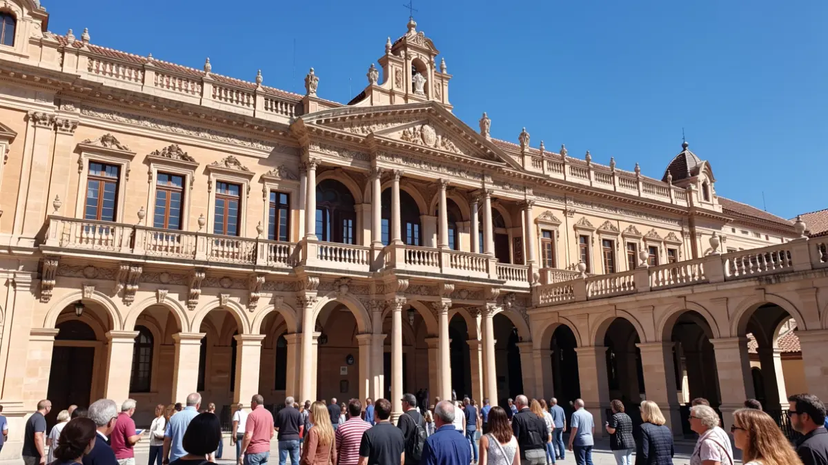 Facade of the Andalusian Parliament with ornate balconies and arches, under bright midday sun.