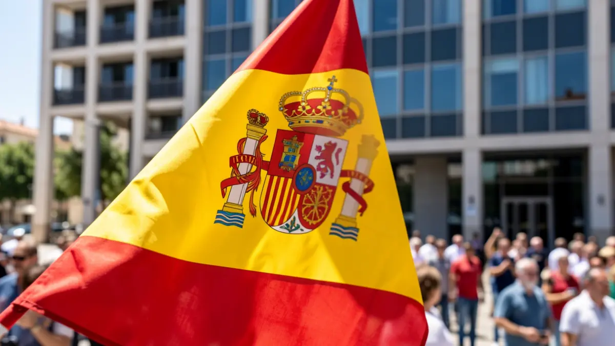 Imagen genérica de una bandera española con un edificio de oficinas moderno al fondo.