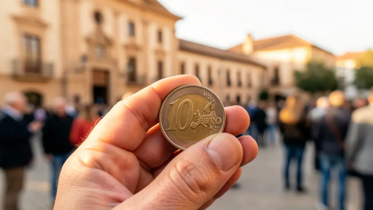 Moneda de 10 euros en primer plano con un edificio oficial andaluz desenfocado al fondo.