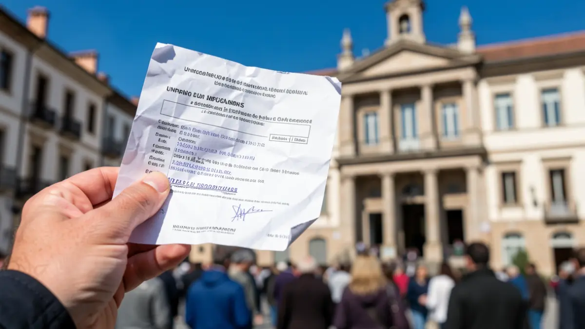 Primer plano de una mano sosteniendo un formulario de desempleo arrugado frente a la fachada de un ayuntamiento.