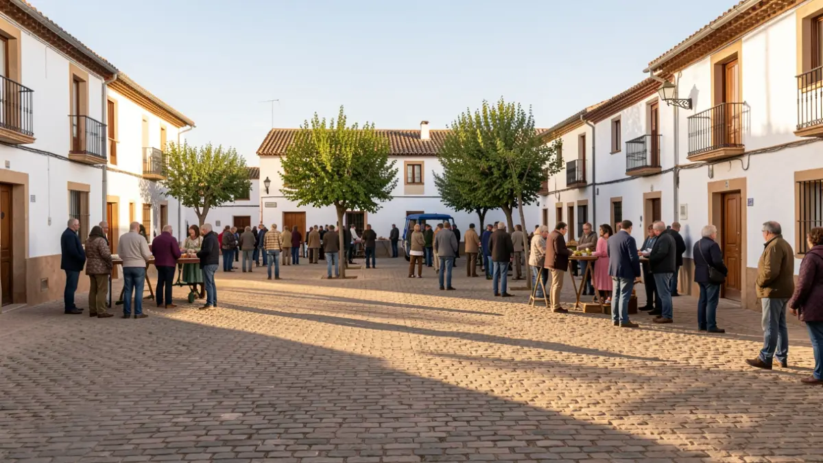 Imagen genérica de una plaza de pueblo andaluz con edificios blancos y luz de tarde.