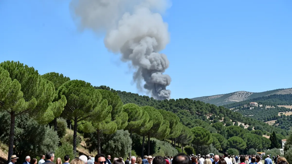 Column of smoke over a forest area.