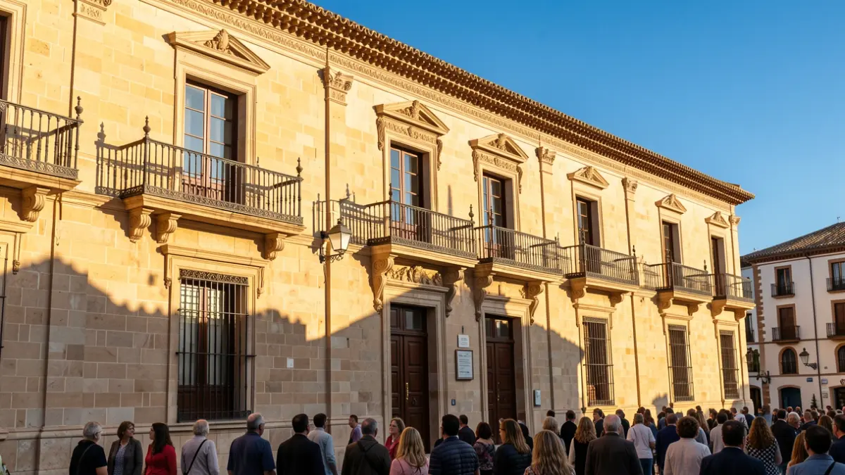 Fachada de un ayuntamiento andaluz con balcones ornamentados y barandillas de hierro, bajo la luz del sol de la tarde.