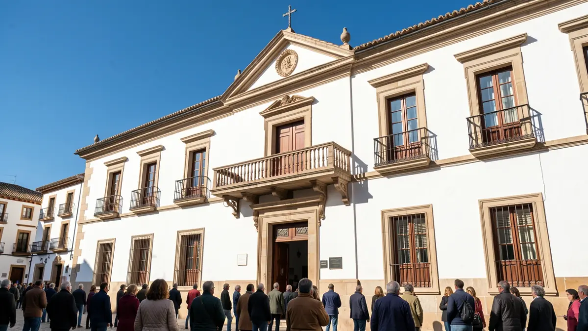 Facade of the Martos Town Hall, an institutional building with a balcony.