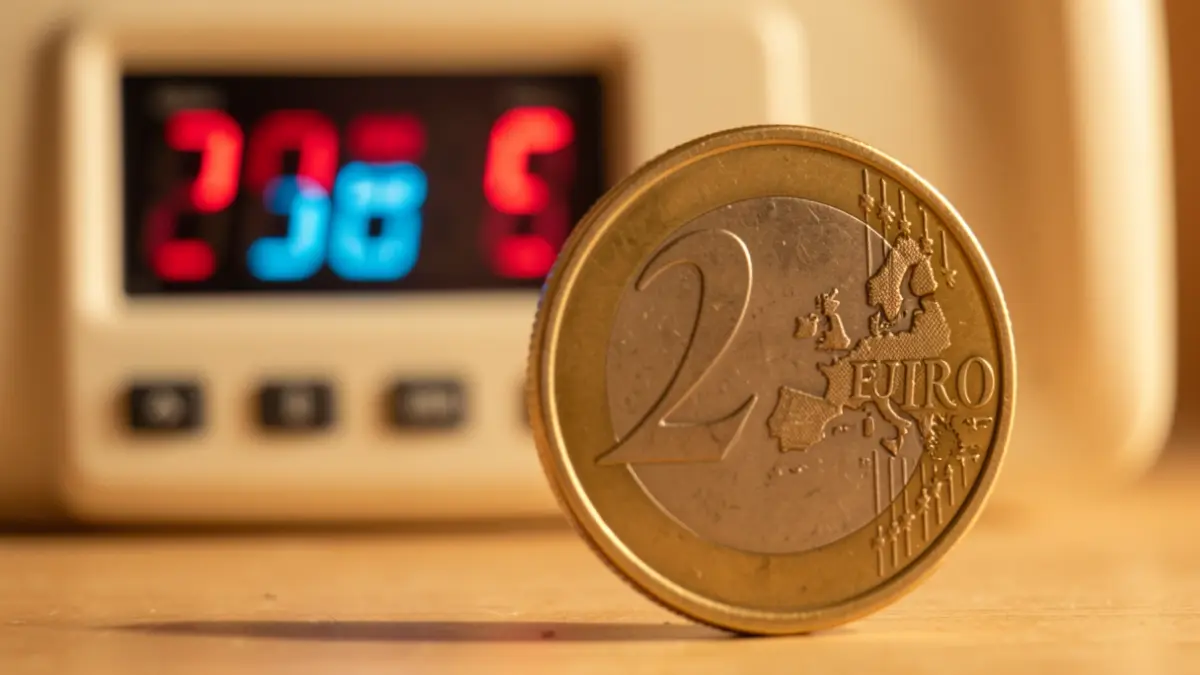 Primer plano de una moneda de euro española con un fondo borroso de un contador eléctrico digital mostrando números fluctuantes.
