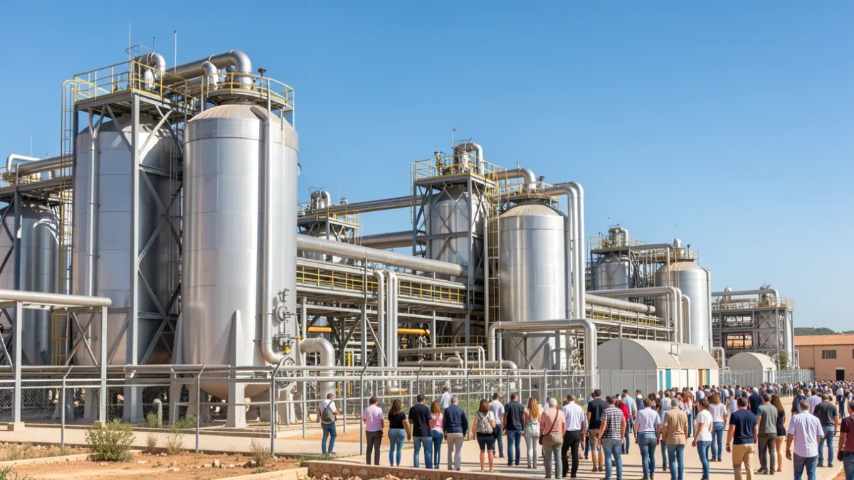 Instalaciones industriales de una planta energética en Andalucía bajo un cielo despejado.