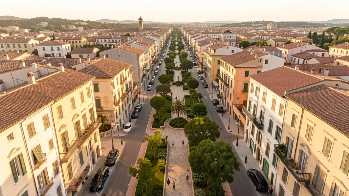 Representación conceptual de un proyecto de urbanismo y peatonalización en una ciudad mediterránea.
