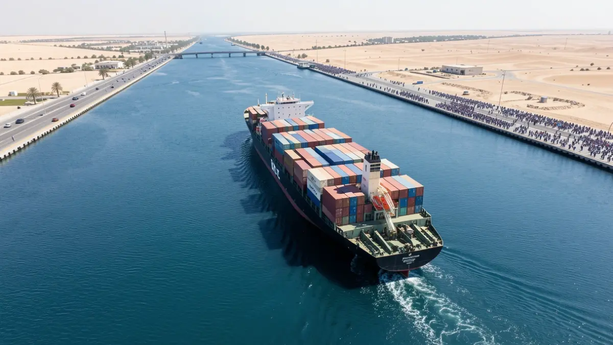 Vista aérea de un buque portacontenedores navegando por el canal de Suez.