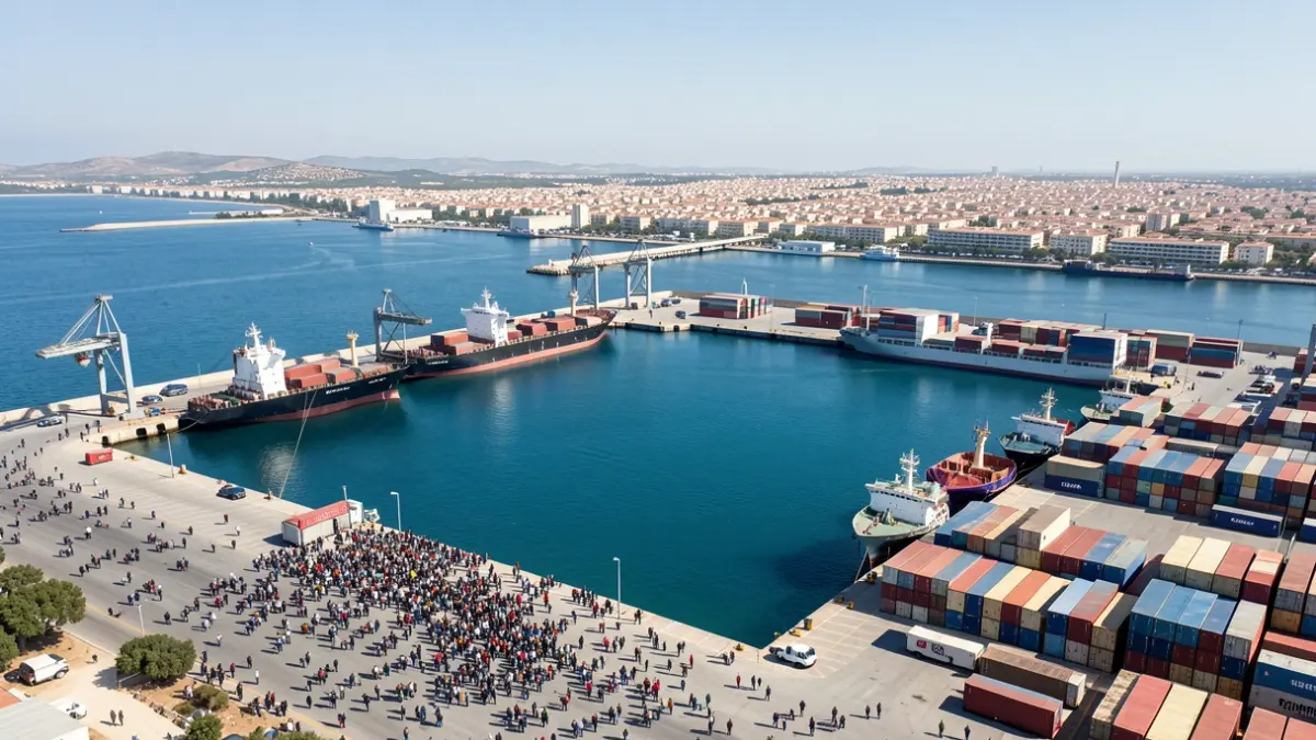 Aerial view of the Port of Almería with ships and containers.