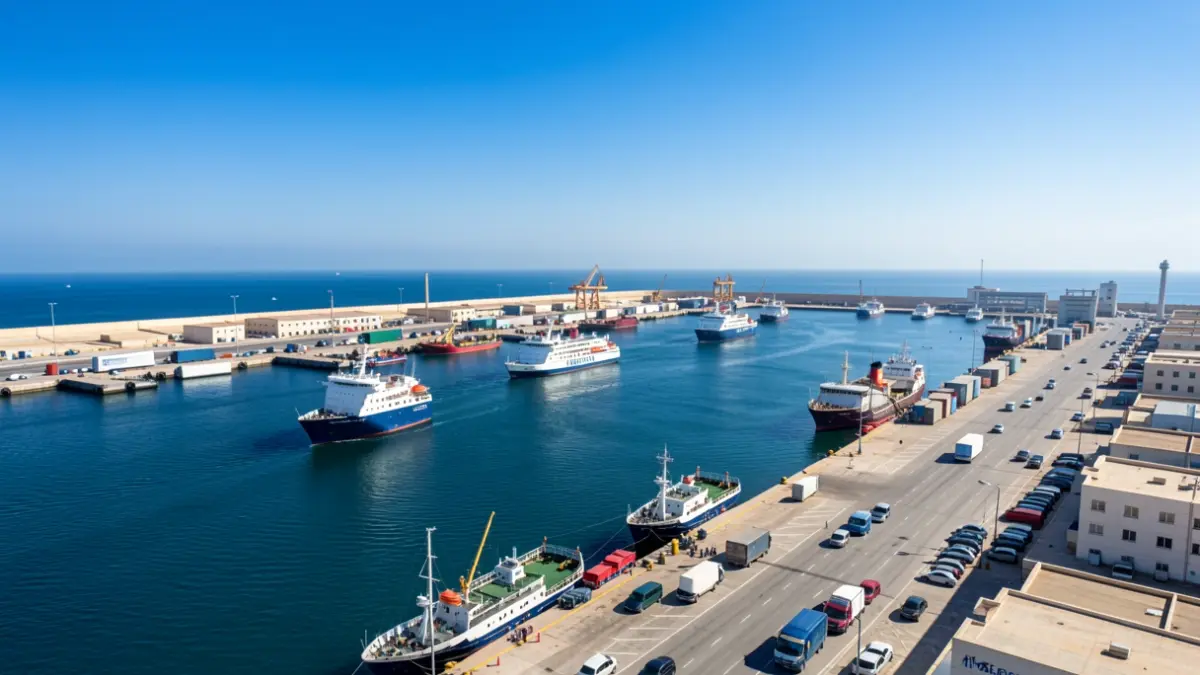 Vista aérea del Puerto de Almería durante la Operación Paso del Estrecho, mostrando la actividad de embarque y desembarque de pasajeros y vehículos.