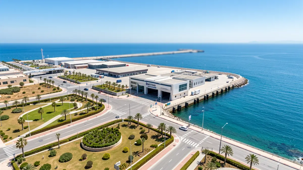 Vista aérea del Puerto de Almería con nuevas construcciones y zonas ajardinadas.