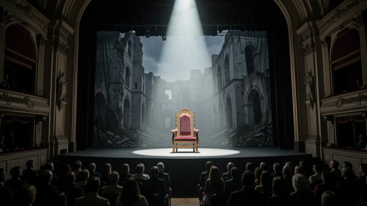 Escena de un teatro con un trono vacío iluminado por un foco.