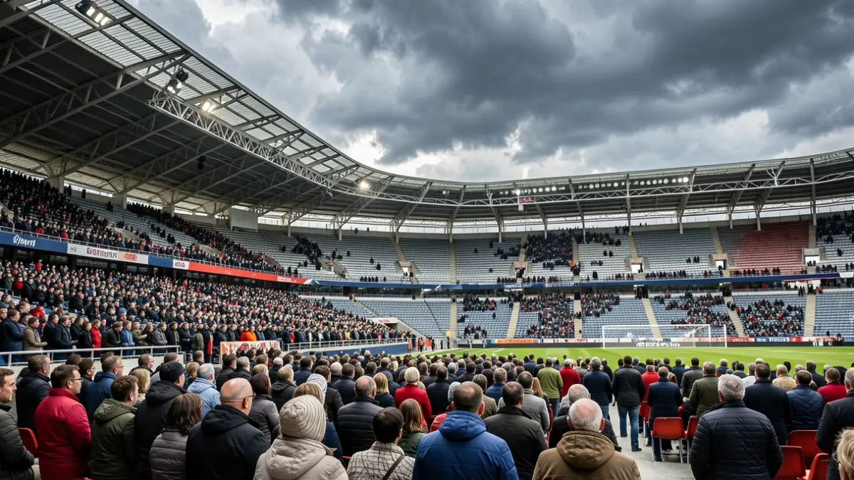 Imagen genérica de un estadio de fútbol con gradas vacías y cielo nublado.