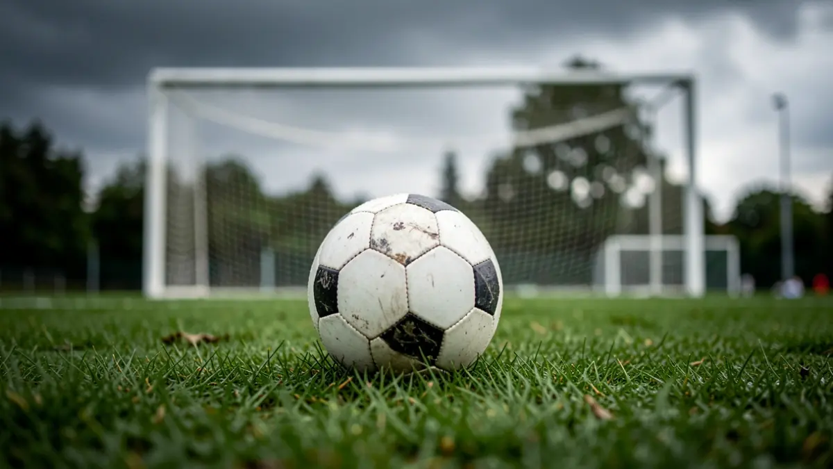 Soccer ball on wet grass with blurred goal net.