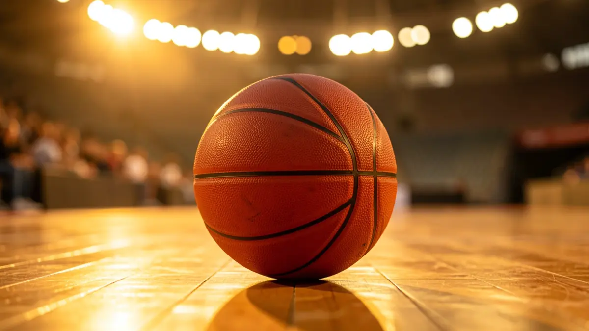 Imagen genérica de un balón de baloncesto sobre una pista profesional.