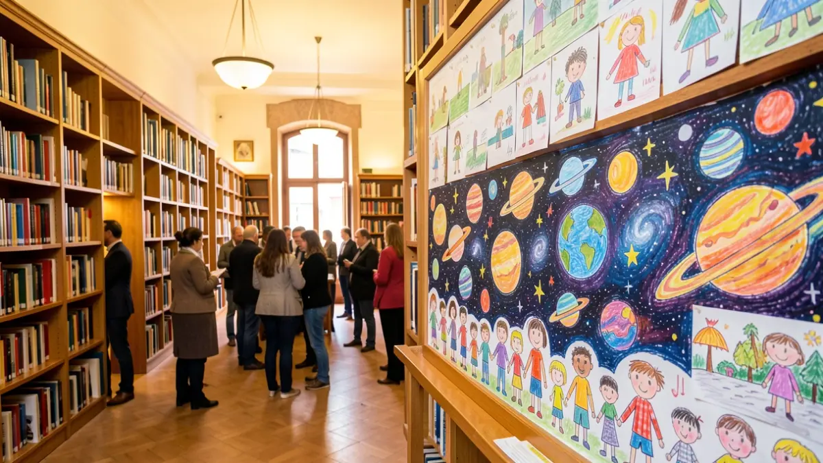 Children's mural about space and the universe in the municipal library of Villa del Río.