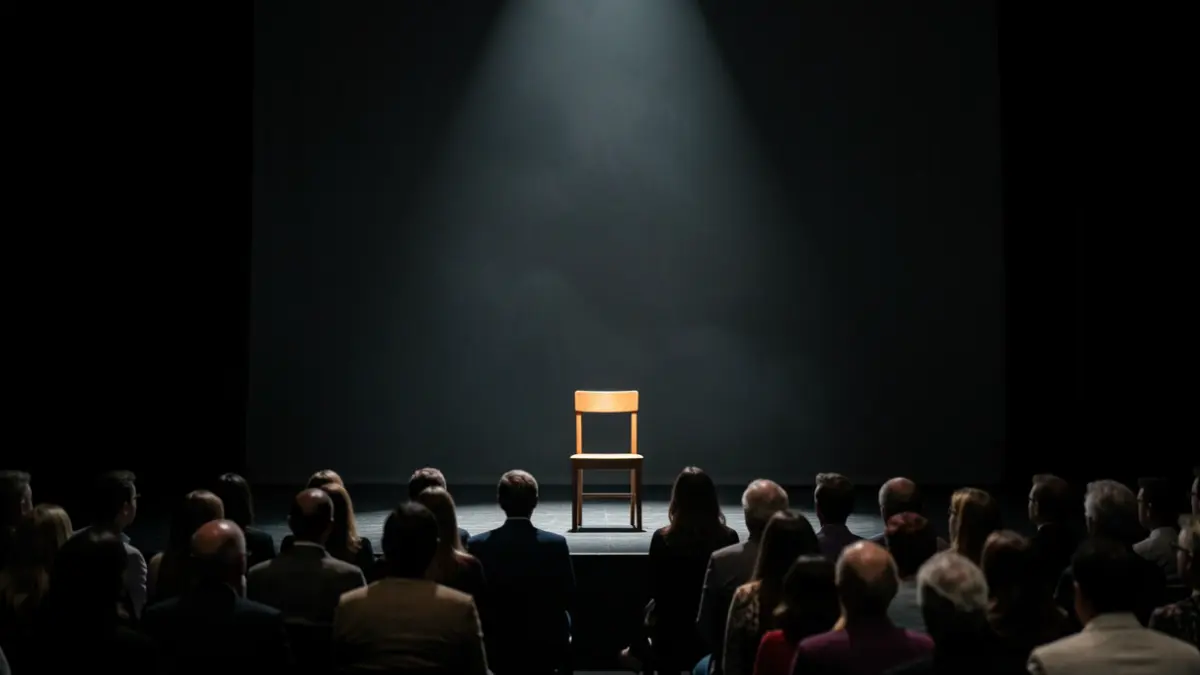 Scene of an empty stage with a chair illuminated by a spotlight, suggesting a monologue.