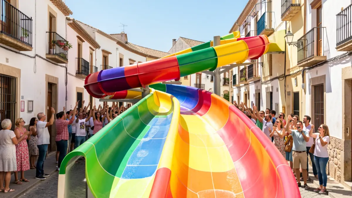 Tobogán acuático gigante instalado en una calle de Jimena de la Frontera durante la feria.