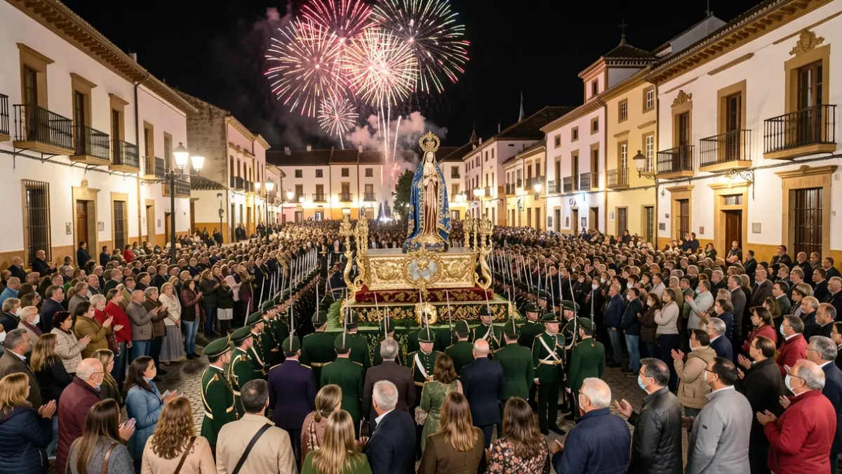 Procesión de la Virgen de Zocueca en Bailén con presencia militar y fuegos artificiales.