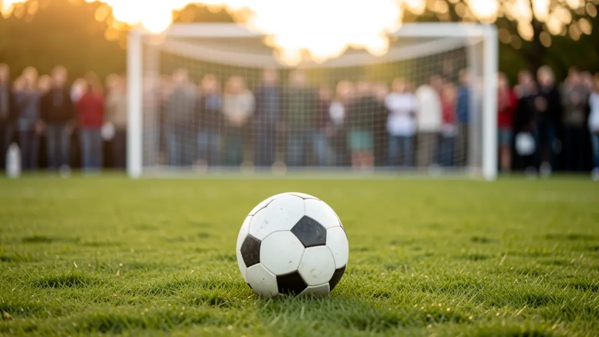 Generic image of a soccer ball on grass with the goal blurred in the background.