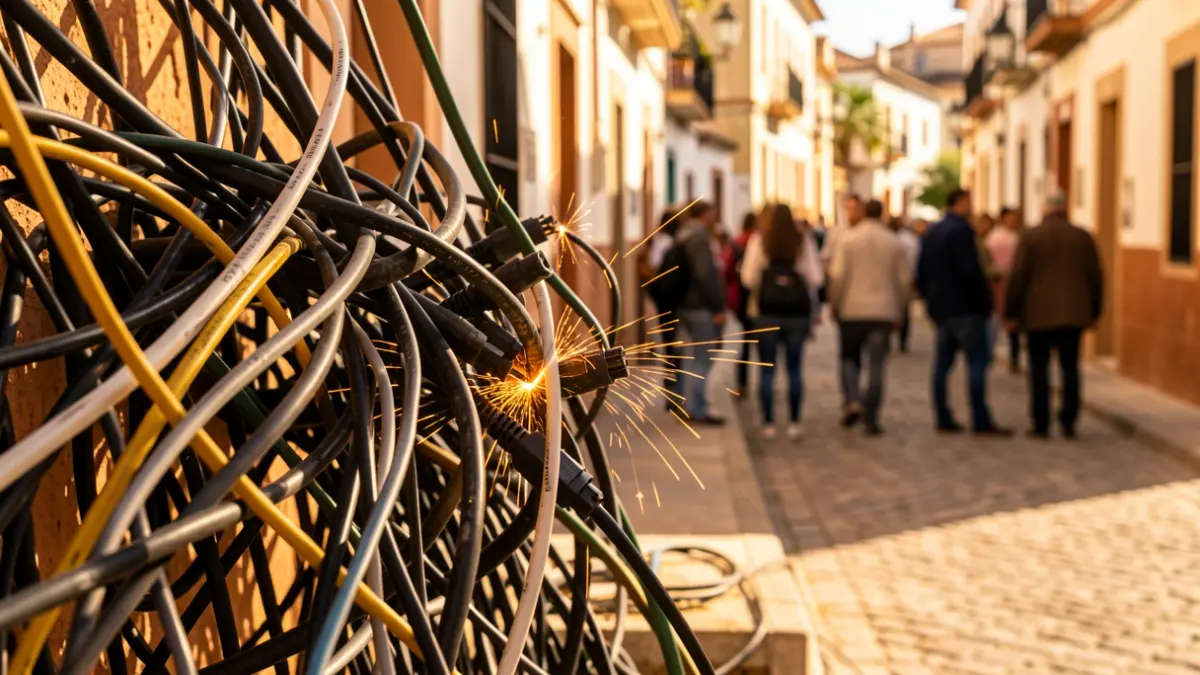 Image of tangled electrical wires and cables sparking in an Andalusian street.