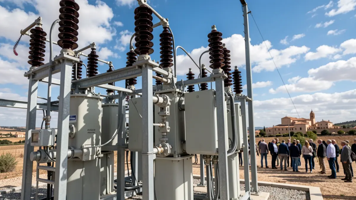 Modern electrical infrastructure with substation and high-voltage lines.