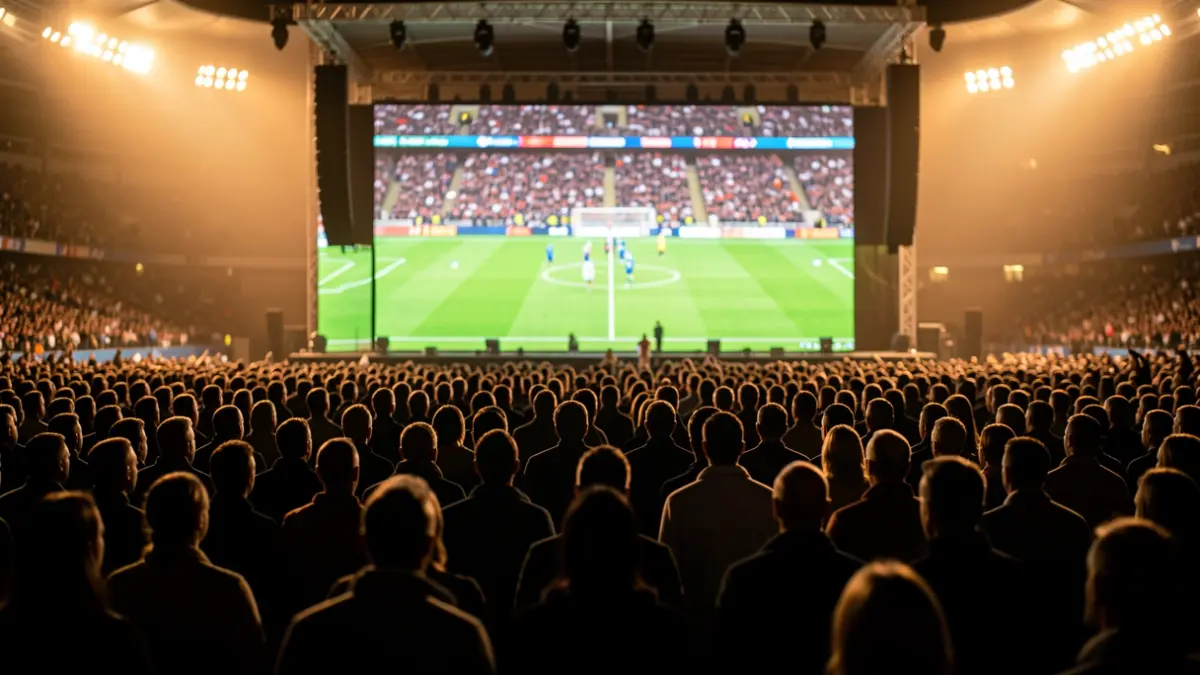 Generic image of a crowd watching a football match on a giant screen.