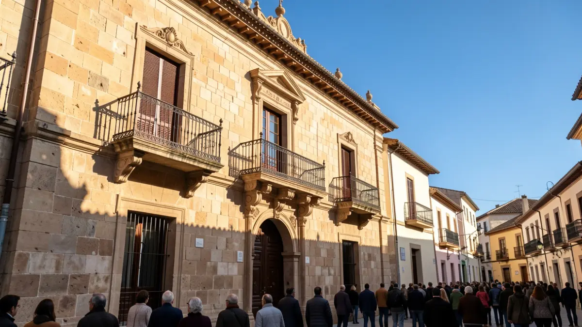Facade of an Andalusian town hall with a balcony and iron railings, under the warm afternoon sunlight.