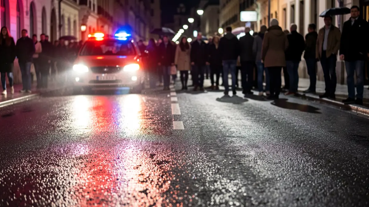 Generic image of emergency lights reflecting on wet asphalt at night.