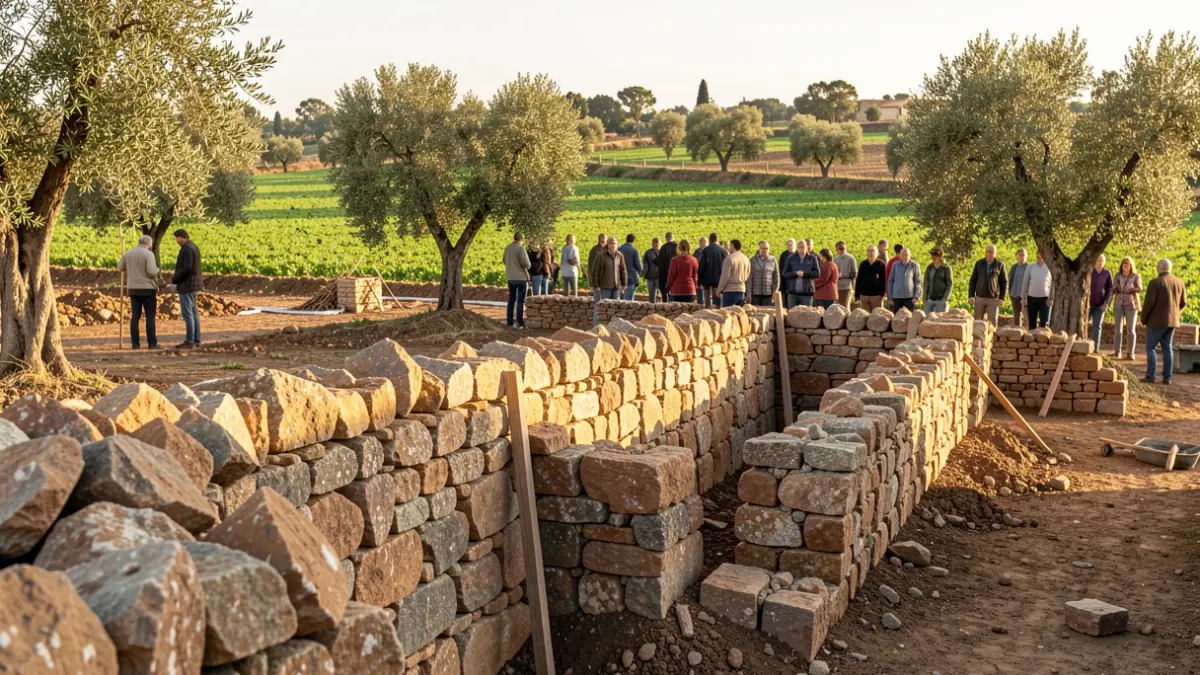 Construcción de un muro de piedra seca en un paisaje rural andaluz.