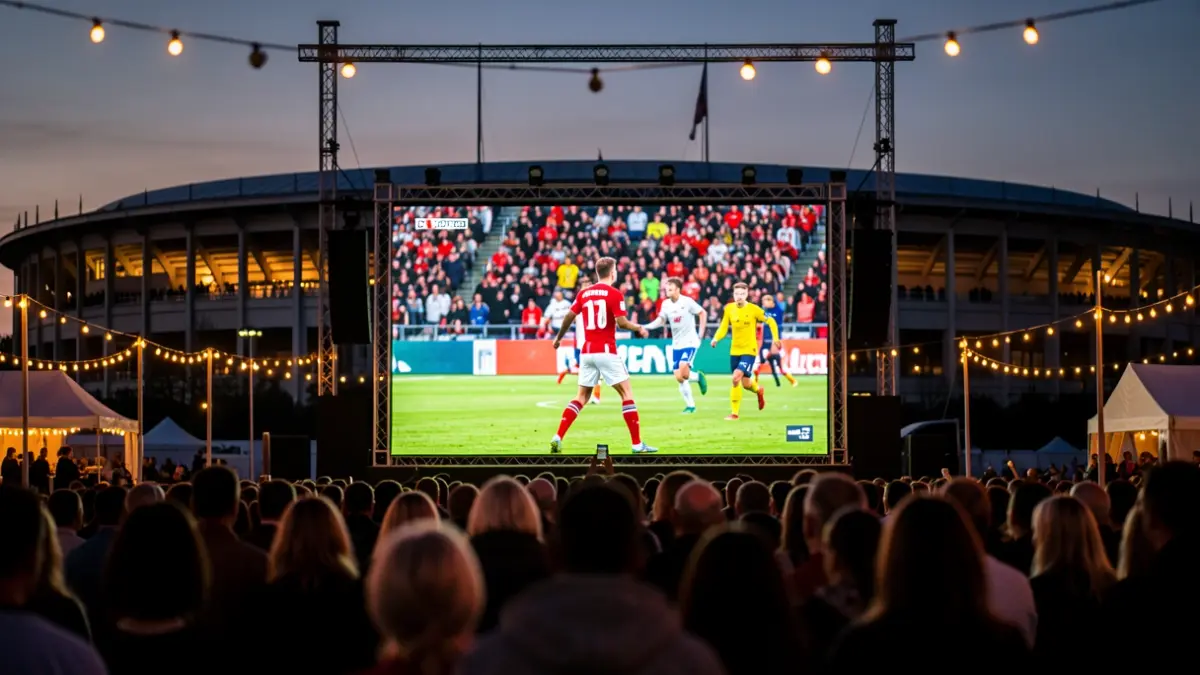 Giant screen showing the World Cup final in an open-air venue with spectators.