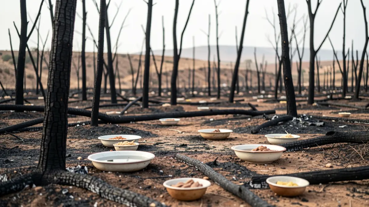 Paisaje desolado de tierra calcinada y troncos de árboles ennegrecidos en Almería, con cuencos de agua y comida dejados por voluntarios.