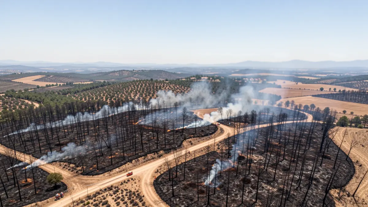 Aerial view of a landscape affected by a large forest fire, with burnt vegetation and smoke plumes.