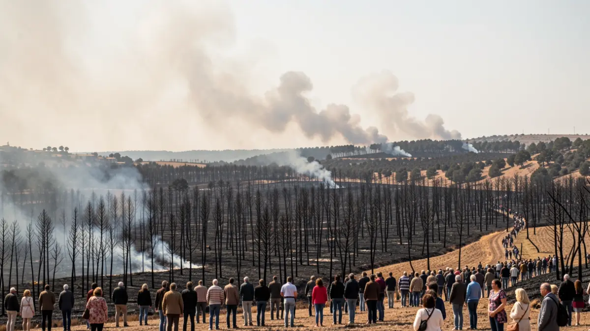 Generic image of a burnt forest landscape with smoke in the background.