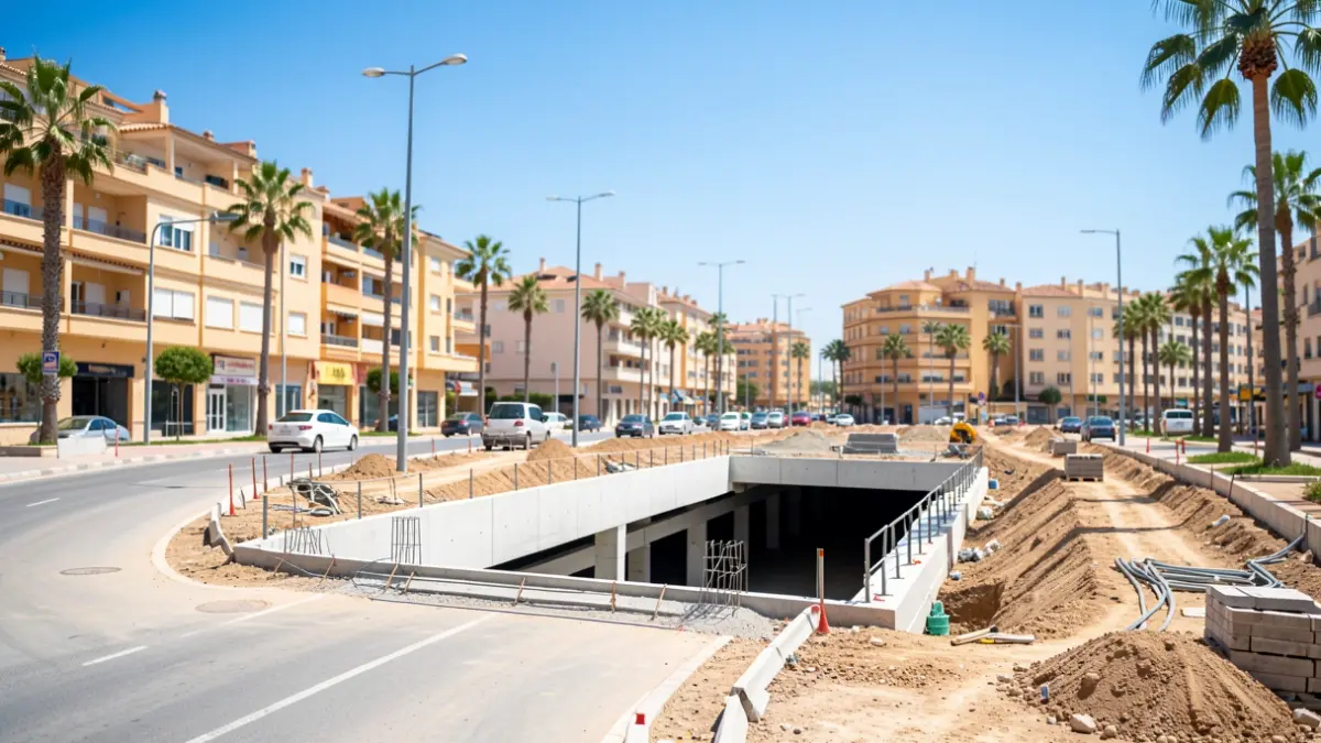 Obras del nuevo bulevar de Estepona con el aparcamiento soterrado en construcción.