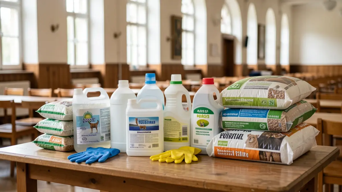 Imagen genérica de productos de limpieza y pienso para animales donados para una campaña solidaria.
