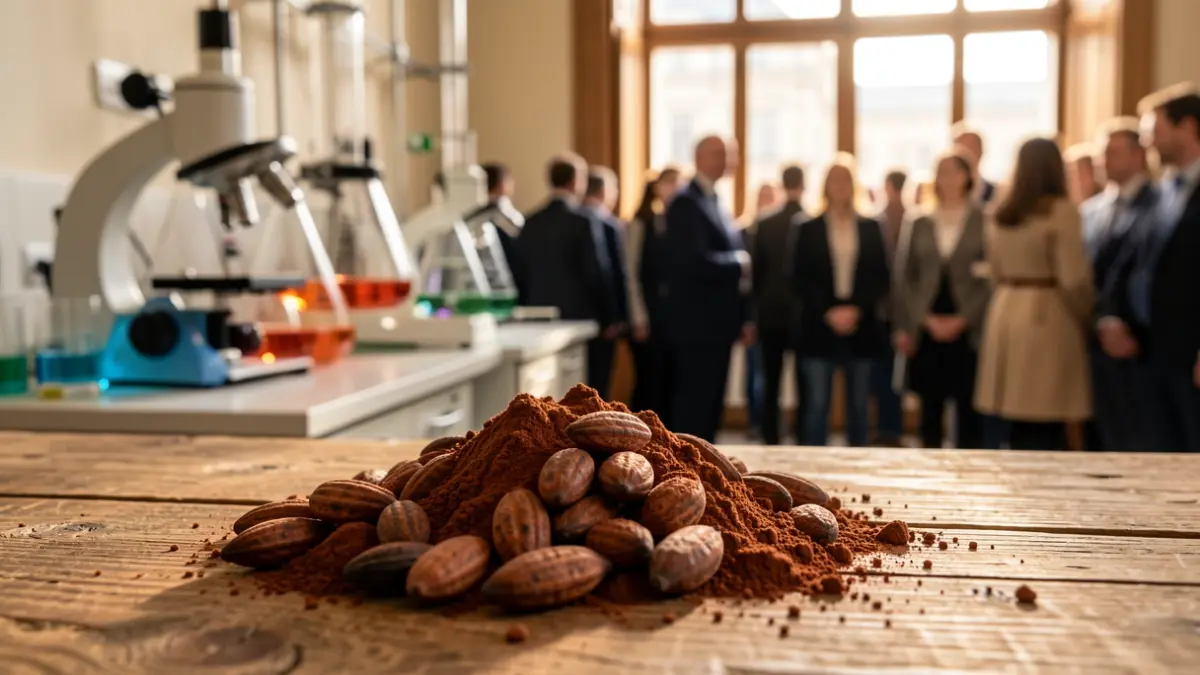 Cocoa beans and powder on a rustic wooden surface, with blurred laboratory equipment in the background.