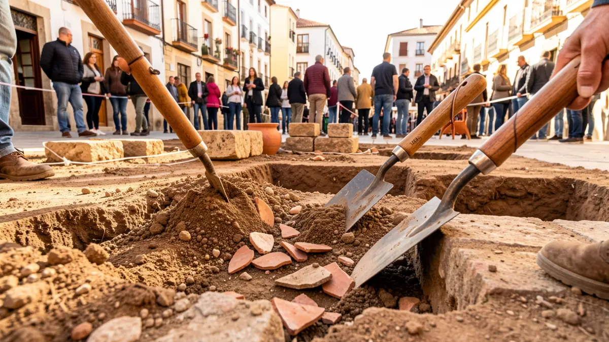 Excavación arqueológica en la Plaza Arqueológica de Huelva, mostrando restos de cerámica y estructuras antiguas.