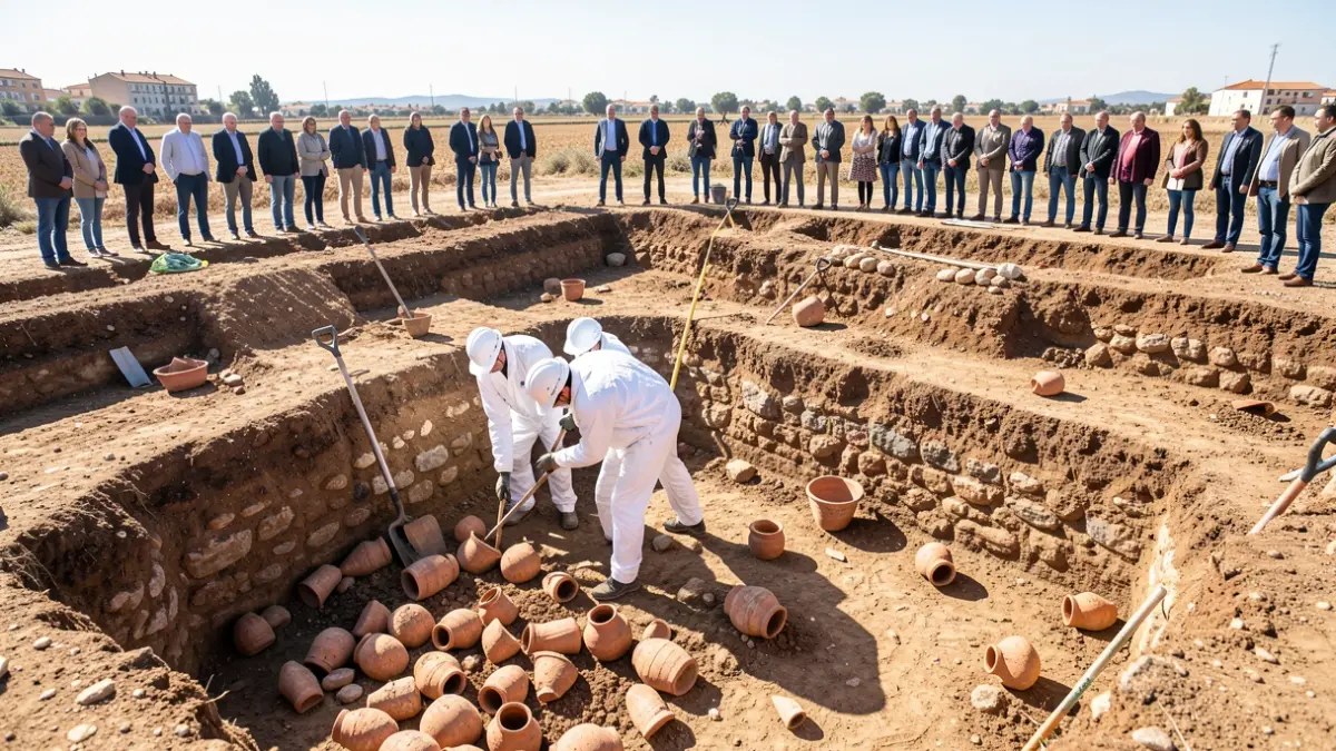 Excavación arqueológica en la Plaza Arqueológica de Huelva, revelando fragmentos de cerámica y capas de historia antigua.