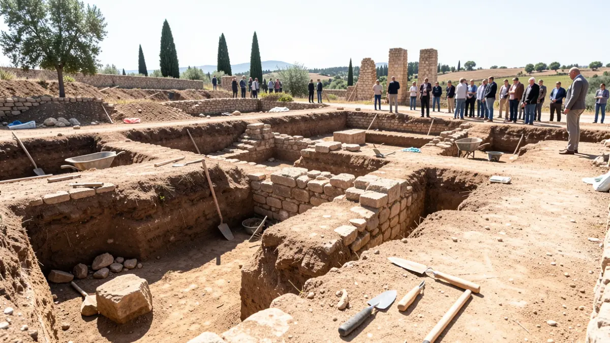 Excavación arqueológica en Jaén, España, mostrando ruinas íberas y estructuras defensivas.