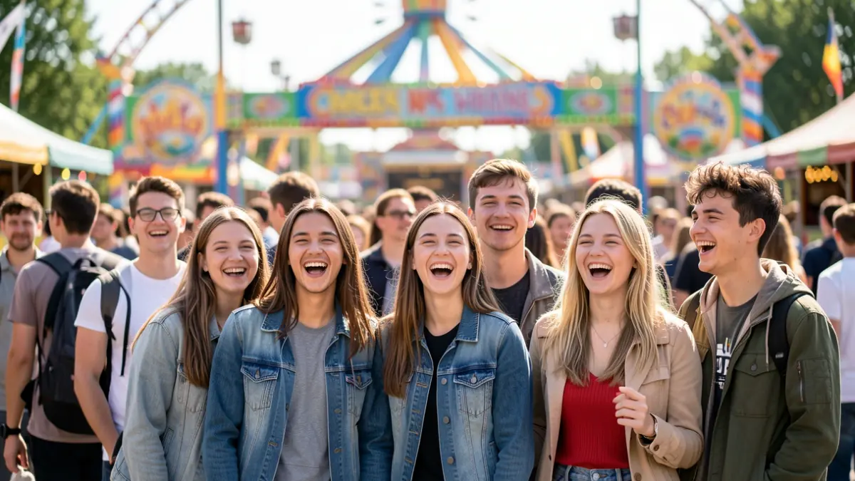 Jóvenes sonriendo y mirando con ilusión frente a un parque temático borroso.