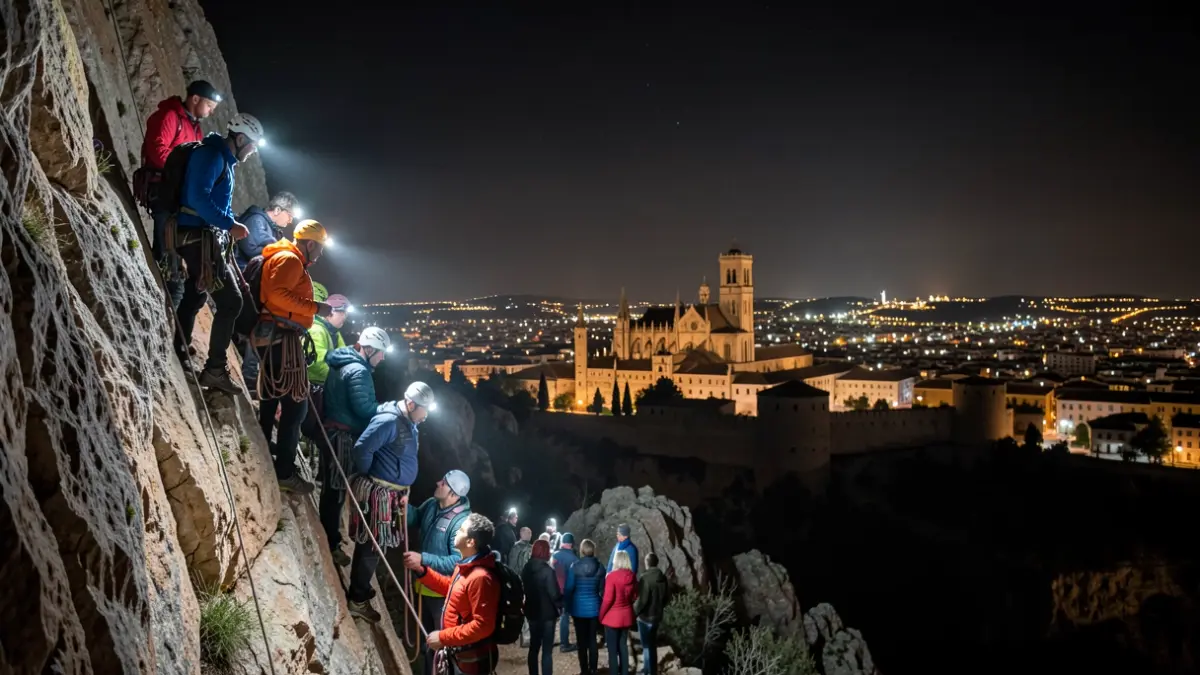 Grupo de personas realizando una vía ferrata nocturna con vistas a Jaén iluminada.