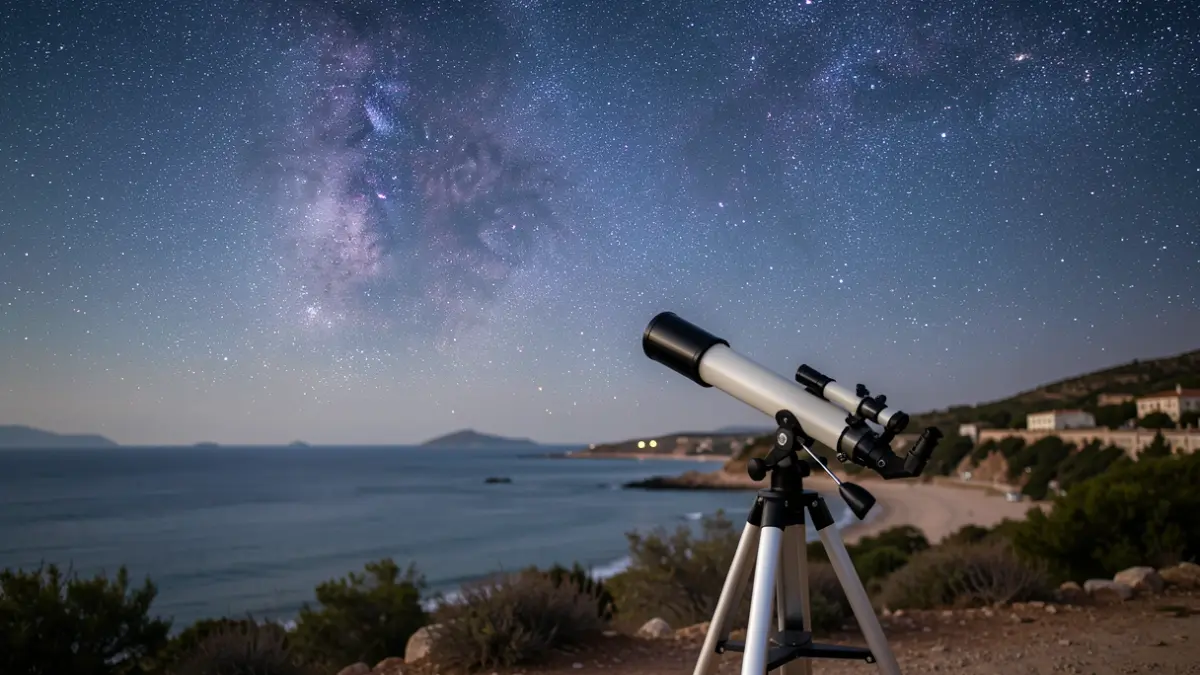 Starry night sky over the coast of Almería with a telescope.