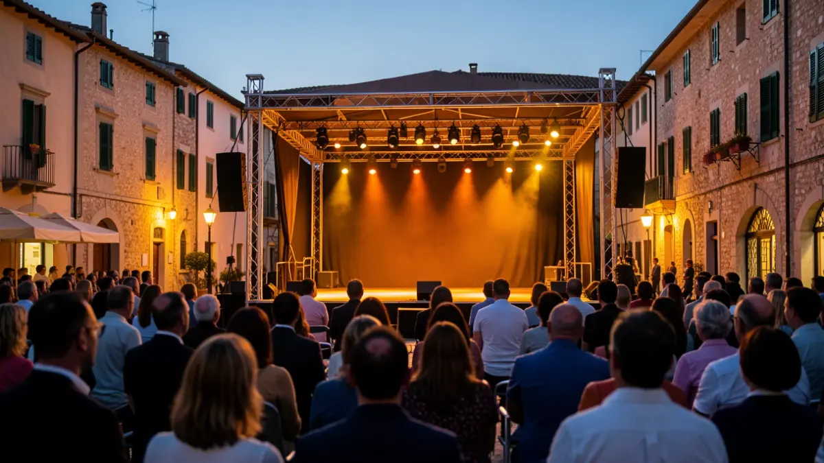 Escena genérica de un escenario al aire libre en una plaza de pueblo al atardecer.