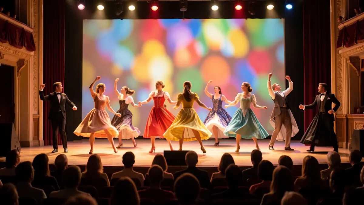 Escena de un musical benéfico con bailarines en movimiento sobre un escenario iluminado.
